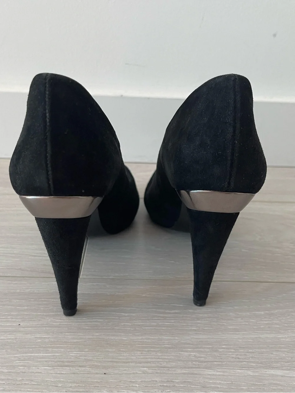 Zara Black Genuine Suede Peep-Toe Heels with Chrome Heel Band Size 40